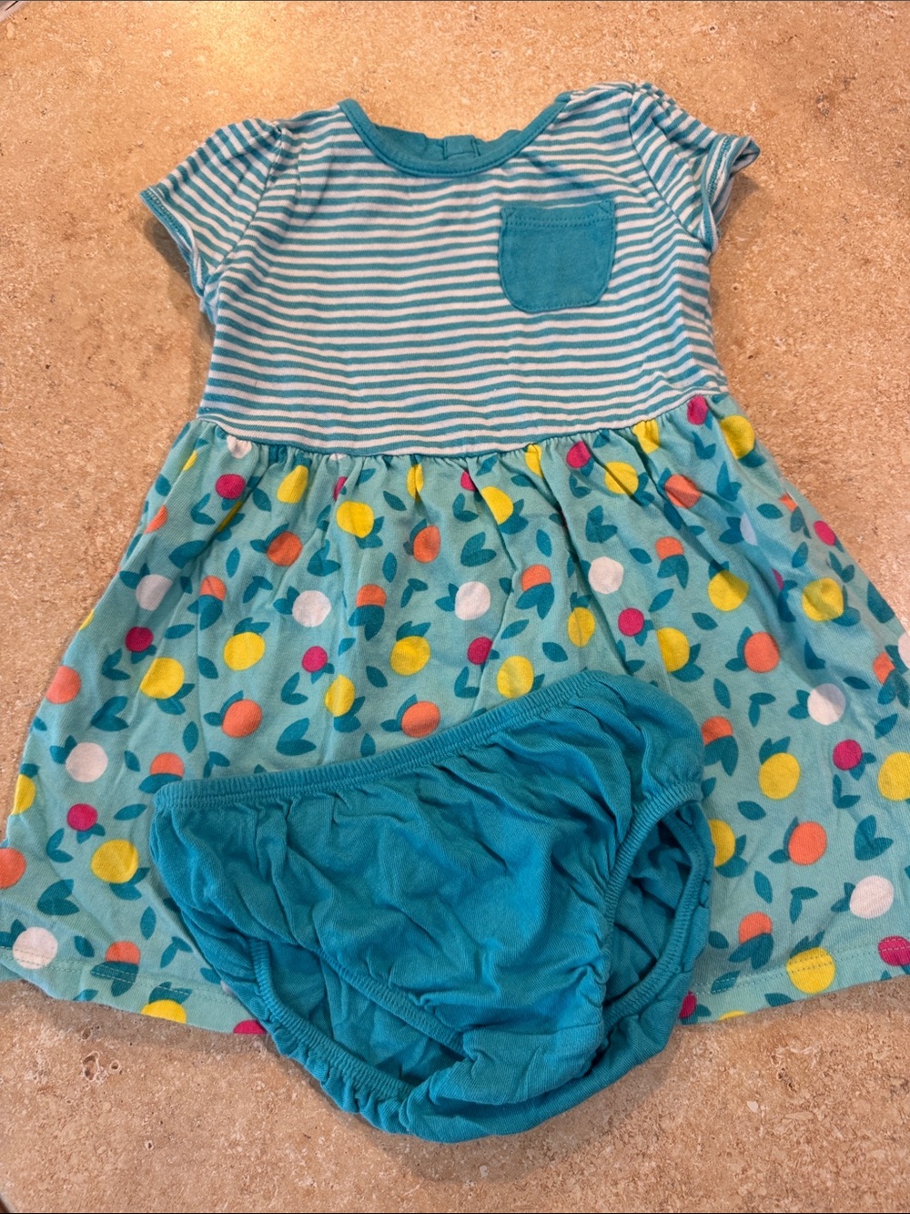 Gymboree Teal Striped Dress with Fruit Print and Matching Bloomers